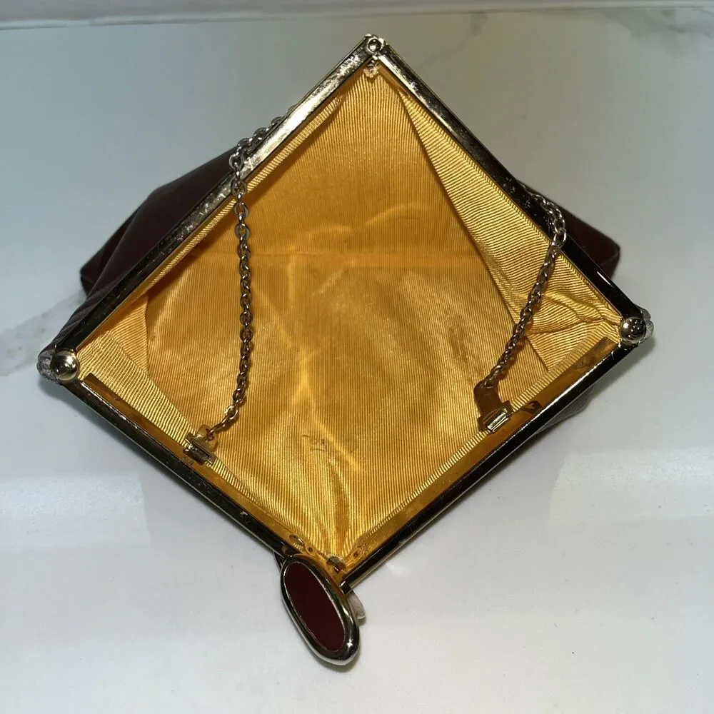Vtg Etra Clutch Purse Chain Strap Burgundy Brown Envelope Hand Bag Leather Lined
